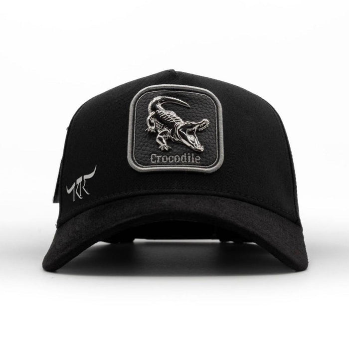 King Ranch black snapback hat with grey crocodile emblem patch and curved brim