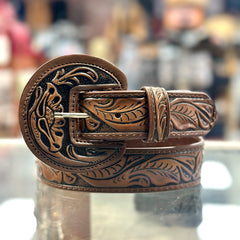 Tooled Leather Floral Belt - Dark Brown