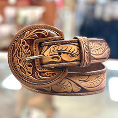 Tooled Leather Floral Belt - Light Brown