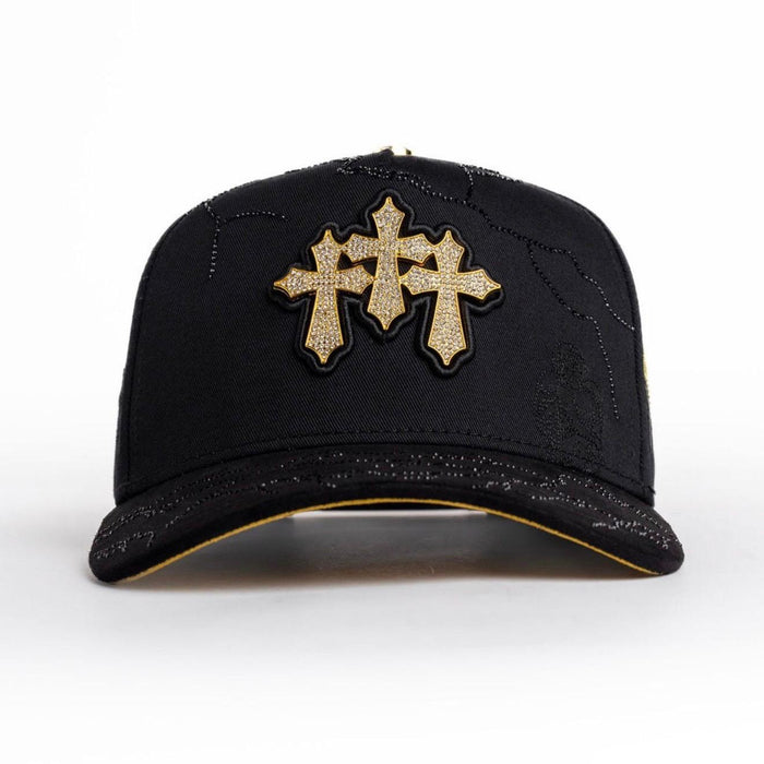 Triple Gold Cross Rhinestone Snapback Hat – Black & Gold Edition