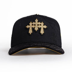 Triple Gold Cross Rhinestone Snapback Hat – Black & Gold Edition