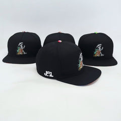 VBR Jalisco black cotton blend snapback cap angled view with embroidered side detail