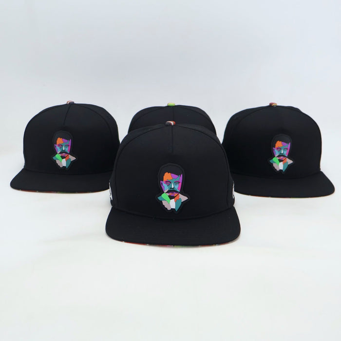 VBR Modelos Emiliano Zapata black snapback cap front view with colorful portrait patch