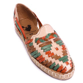 Women’s multicolor woven leather Mexican huarache espadrille with orange, purple, cream and tan detailing