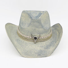 Western Festival Vintage Cowboy Hat with Silver Bull Head Band - Blue