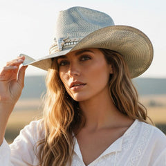 Western Festival Vintage Cowboy Hat with Silver Bull Head Band - Blue