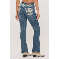 Rear angle of Westfield Eagle women's embellished western bootcut jeans with embroidered pockets.