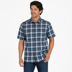 Wolverine men’s blue plaid short sleeve button-up work shirt with dual chest pockets