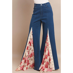 Women's Medium Wash Floral Panel Bell Bottom Jeans