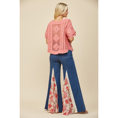 Women's Medium Wash Floral Panel Bell Bottom Jeans
