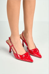 Cia Brooch Detail Slingback Court Shoes in Red