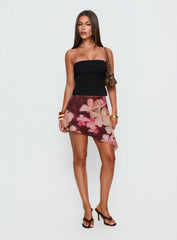 Allissa Chiffon Asymmetrical Mini Skirt Burgundy Floral