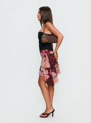 Allissa Chiffon Asymmetrical Mini Skirt Burgundy Floral