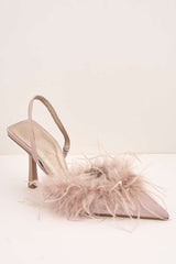 Aisla Pointed Toe Feather Slingback Court Shoes in Nude