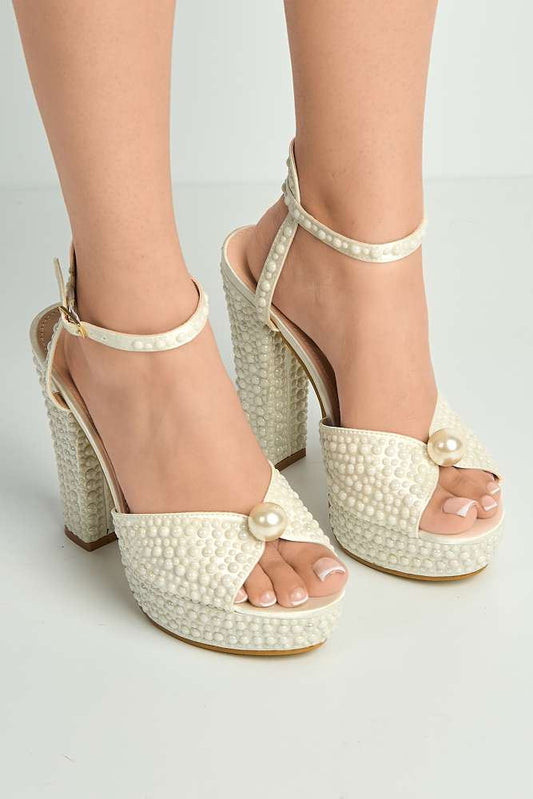 Amora Pearl Embellished Block Heel Anklestrap Sandals in White