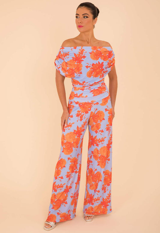 Atom Label Pale Blue And Orange Floral Carbon Jumpsuit