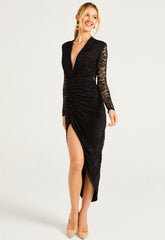 ANGELEYE Black Lace Sheer Back Wrap Dress