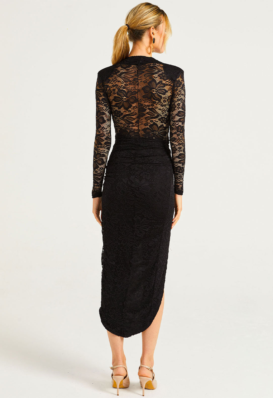ANGELEYE Black Lace Sheer Back Wrap Dress