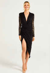 ANGELEYE Black Lace Sheer Back Wrap Dress
