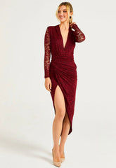 ANGELEYE Burgundy Lace Sheer Back Wrap Dress