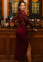 ANGELEYE Burgundy Lace Sheer Back Wrap Dress
