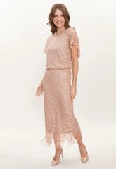 Gina Bacconi Arleen Long Blouson Fringe Hem Dress