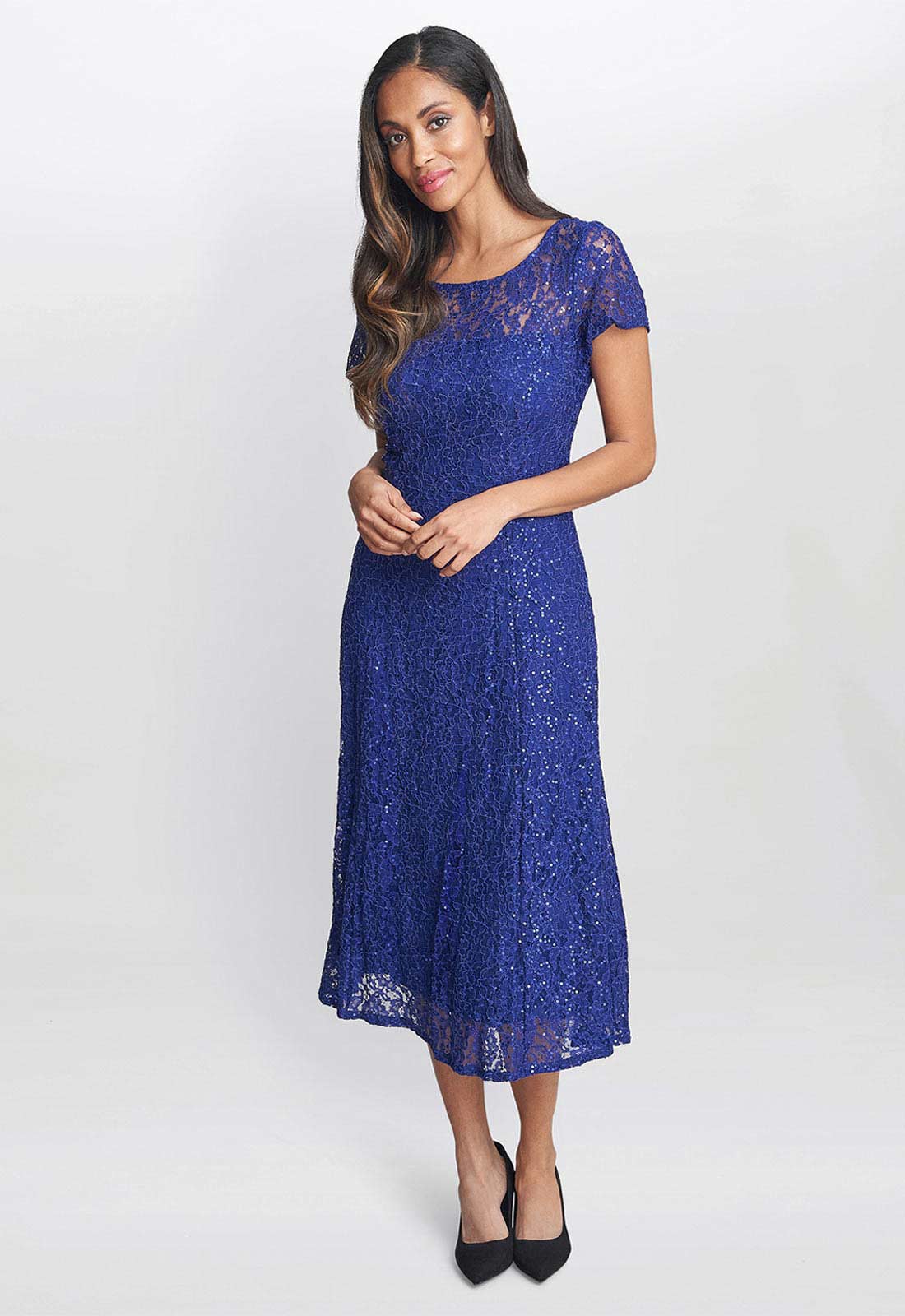 Gina Bacconi Demi Cap Sleeve Midi Length Sequin Lace Dress