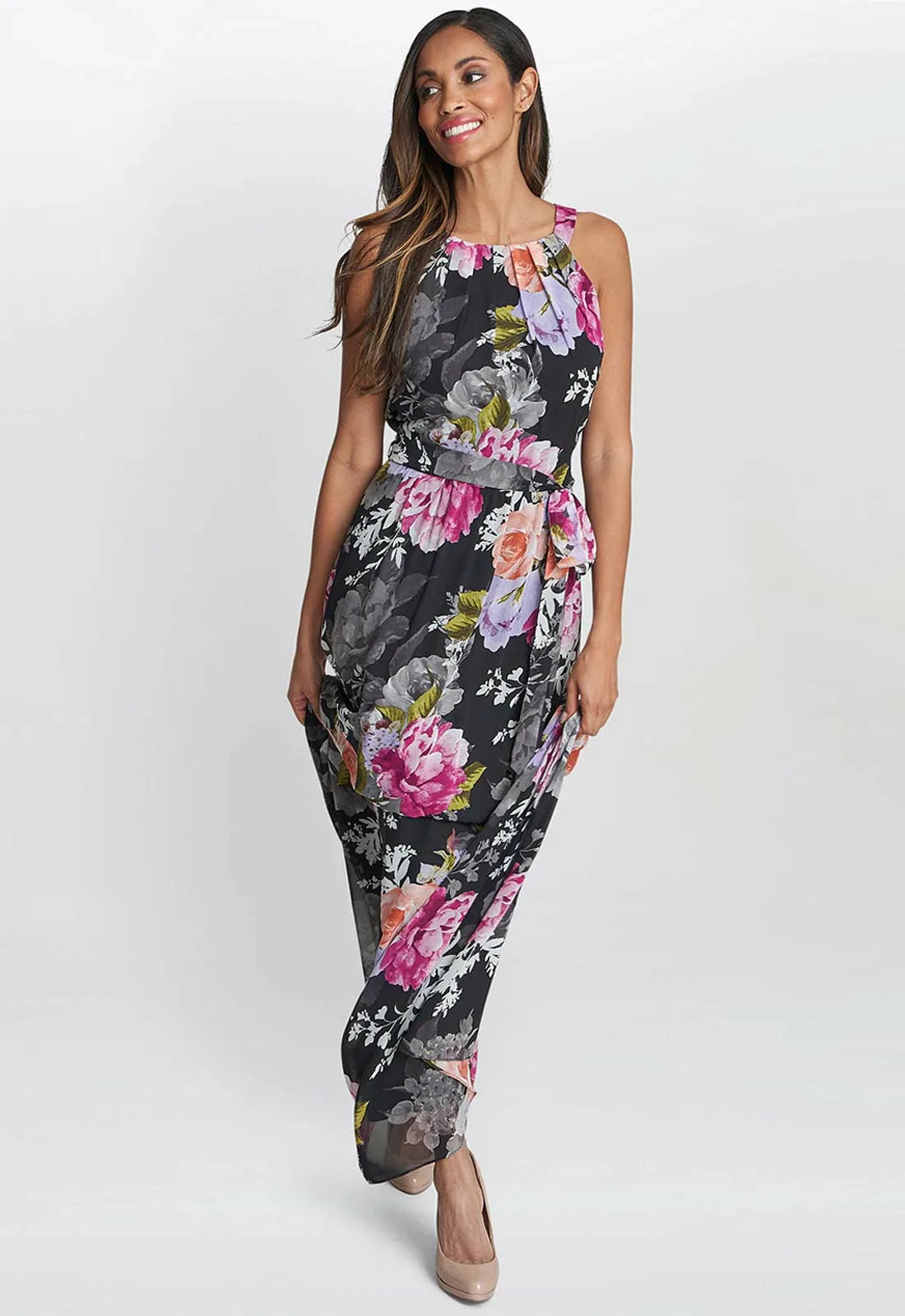Gina Bacconi Claudia Printed Halter Maxi Dress With Belt
