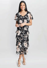 Gina Bacconi Frances Printed Midi Tiered Dress With Trim