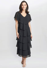 Gina Bacconi Black Rebecca Midi Tiered Dress