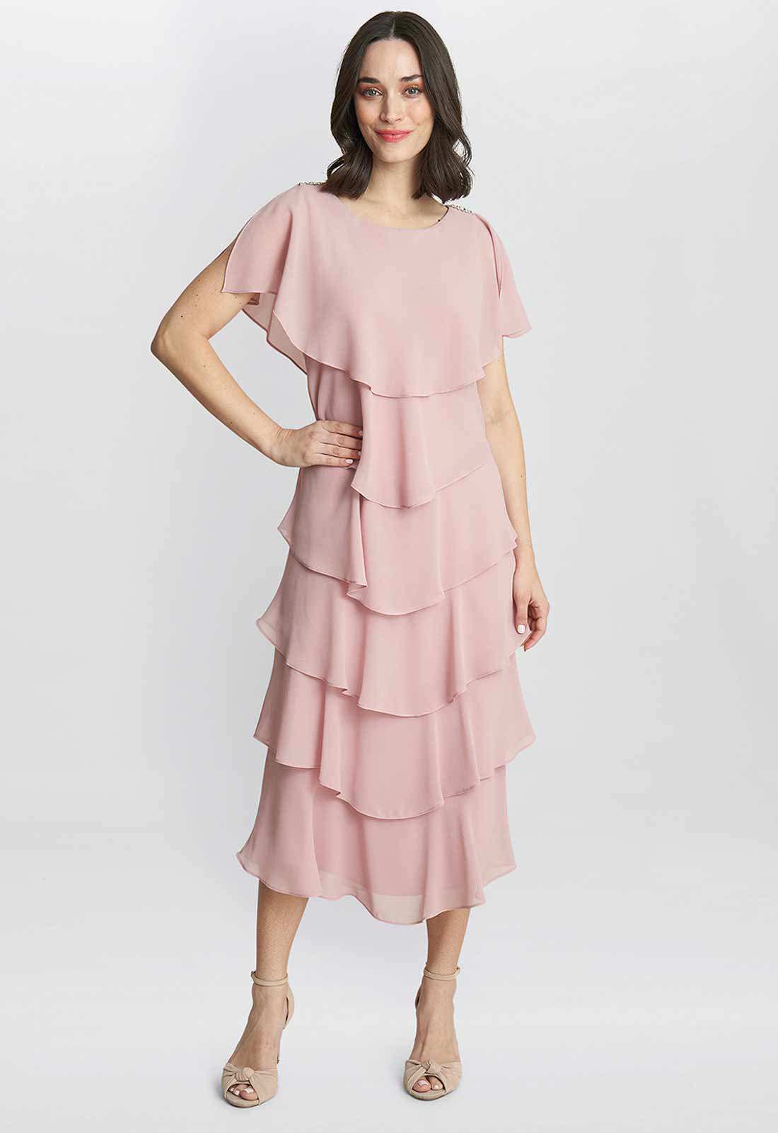 Gina Bacconi  Pink Tessa Midi Tiered Dress