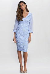Gina Bacconi Blue Daisy Crepe Dress With Embroidery