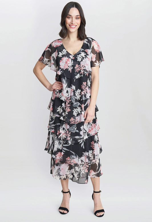 Gina Bacconi Black Janice V Neck Printed Midi Length Tiered Dress