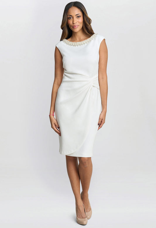 Gina Bacconi Ivory Sansa Wrap Dress With Beaded Neck