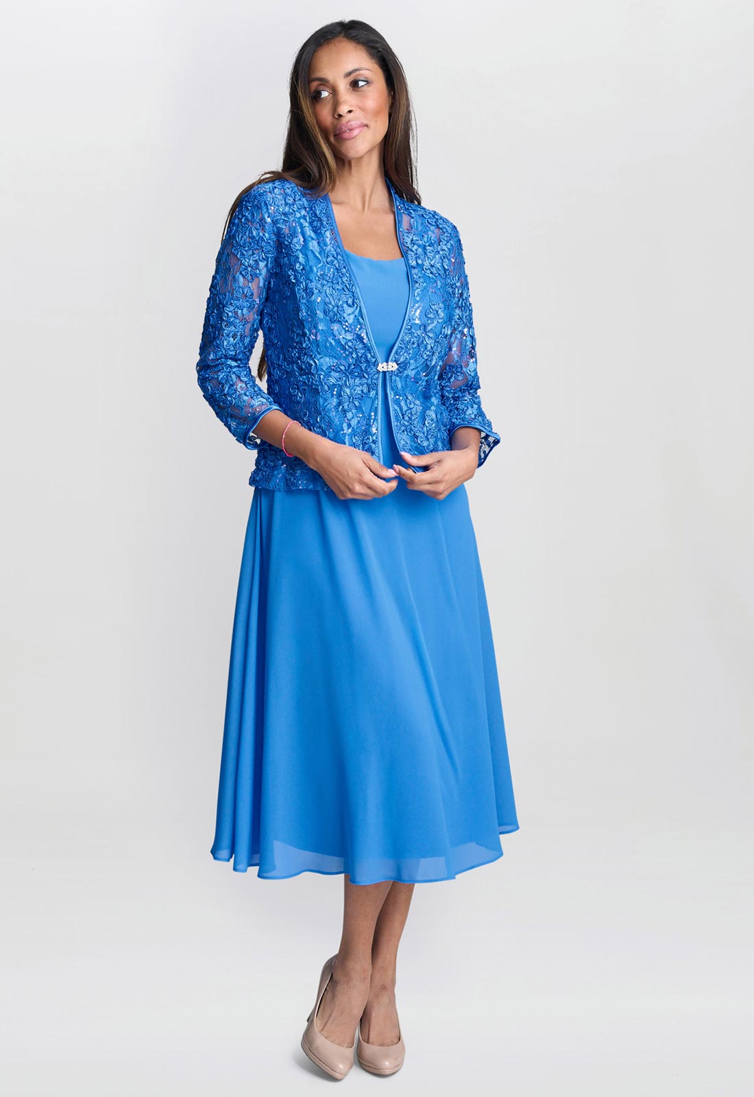Gina Bacconi Cobalt Adele Soutache Lace Jacket With Chiffon Dress