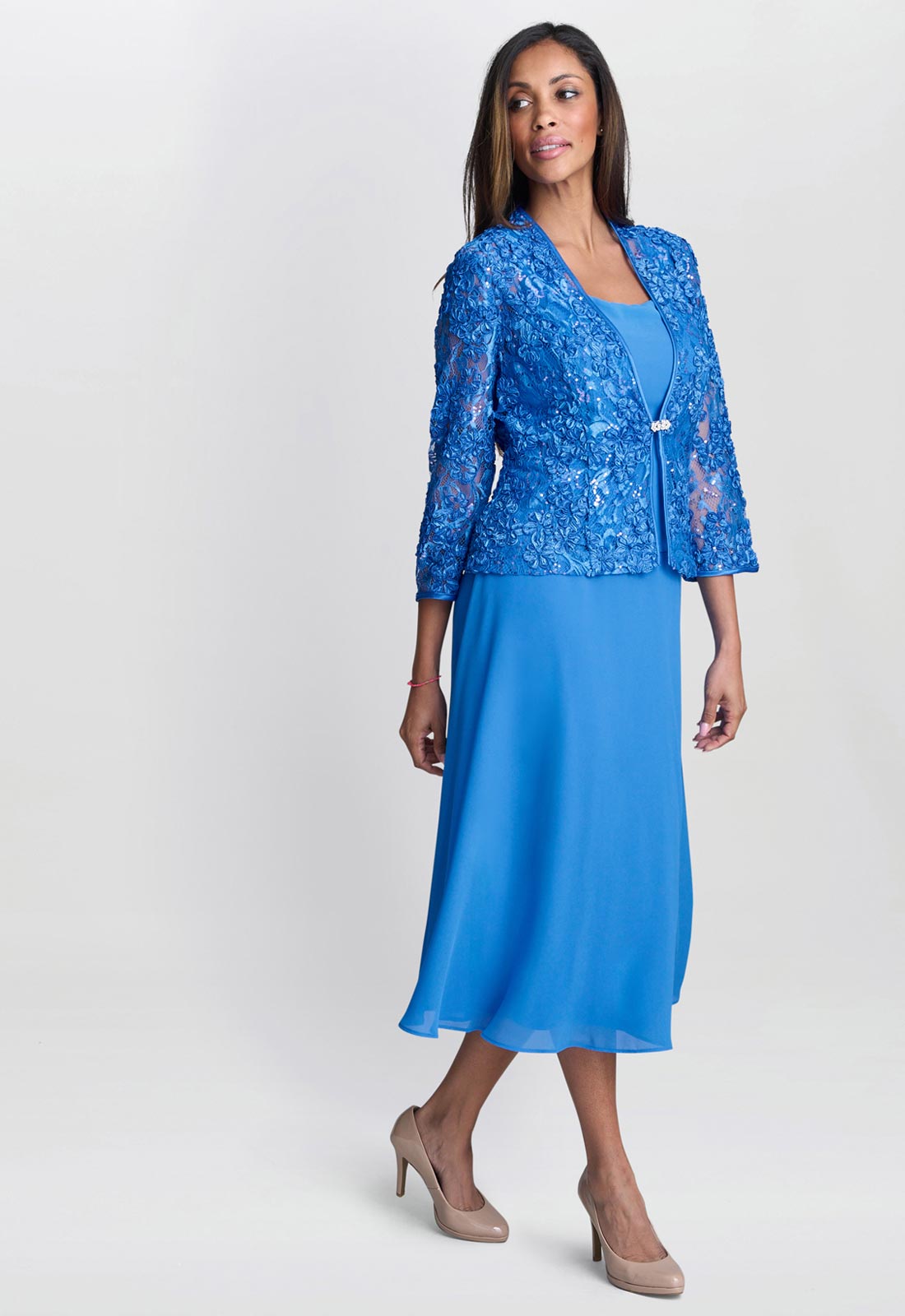 Gina Bacconi Cobalt Adele Soutache Lace Jacket With Chiffon Dress
