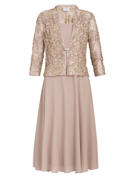 Gina Bacconi Latte Adele Soutache Lace Jacket With Chiffon Dress