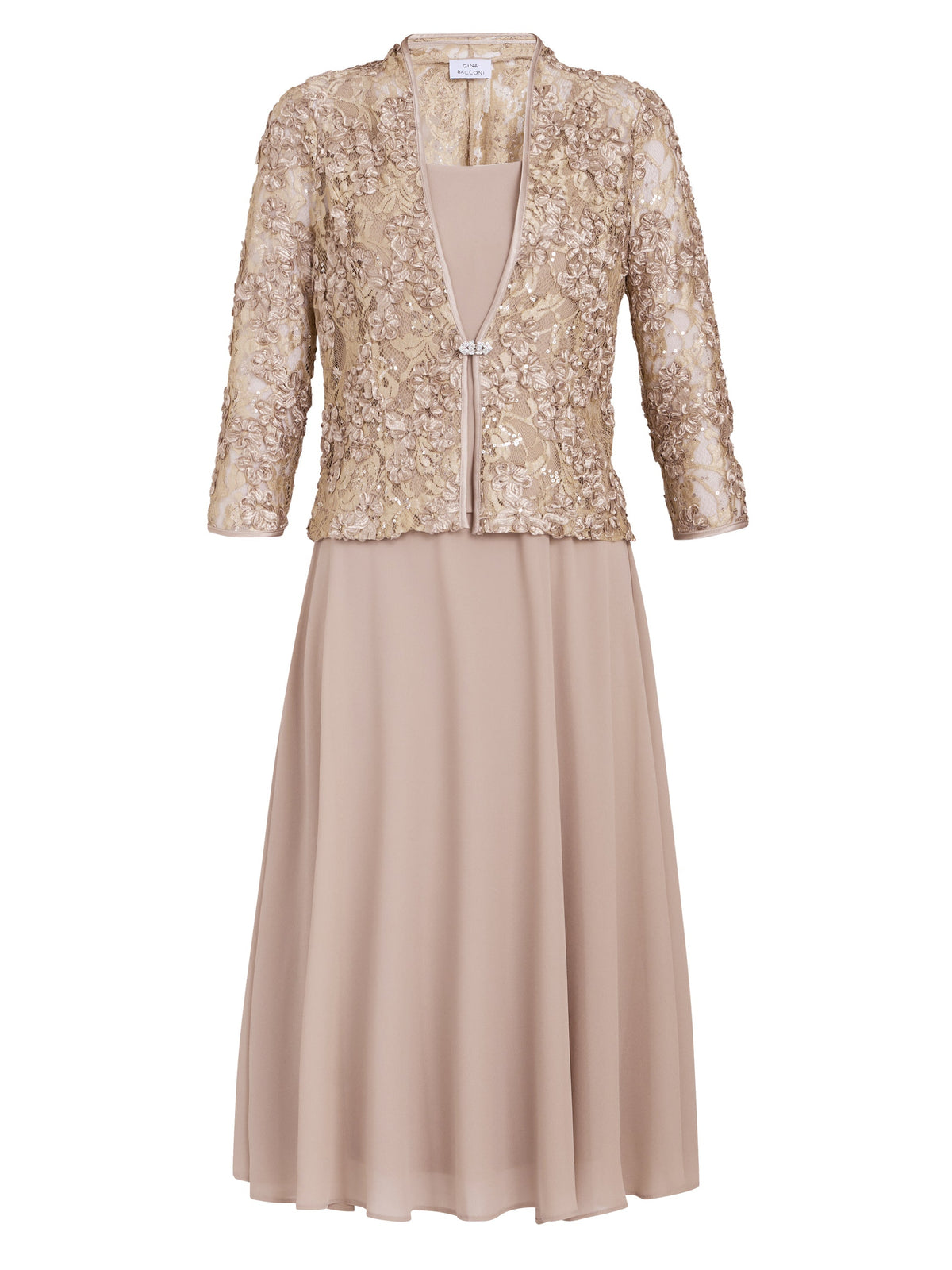 Gina Bacconi Latte Adele Soutache Lace Jacket With Chiffon Dress