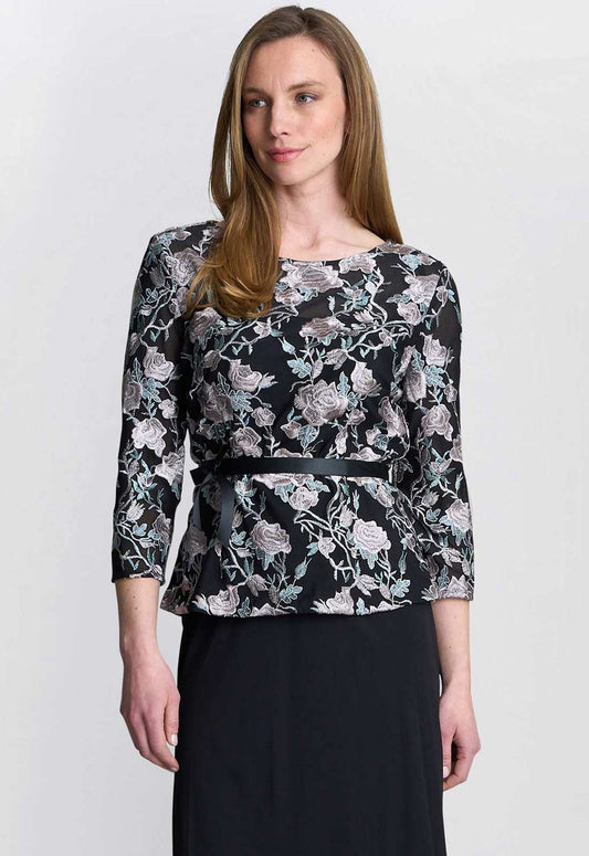 Gina Bacconi Black / Pink Brandy Embroidered Blouse With Tie Belt