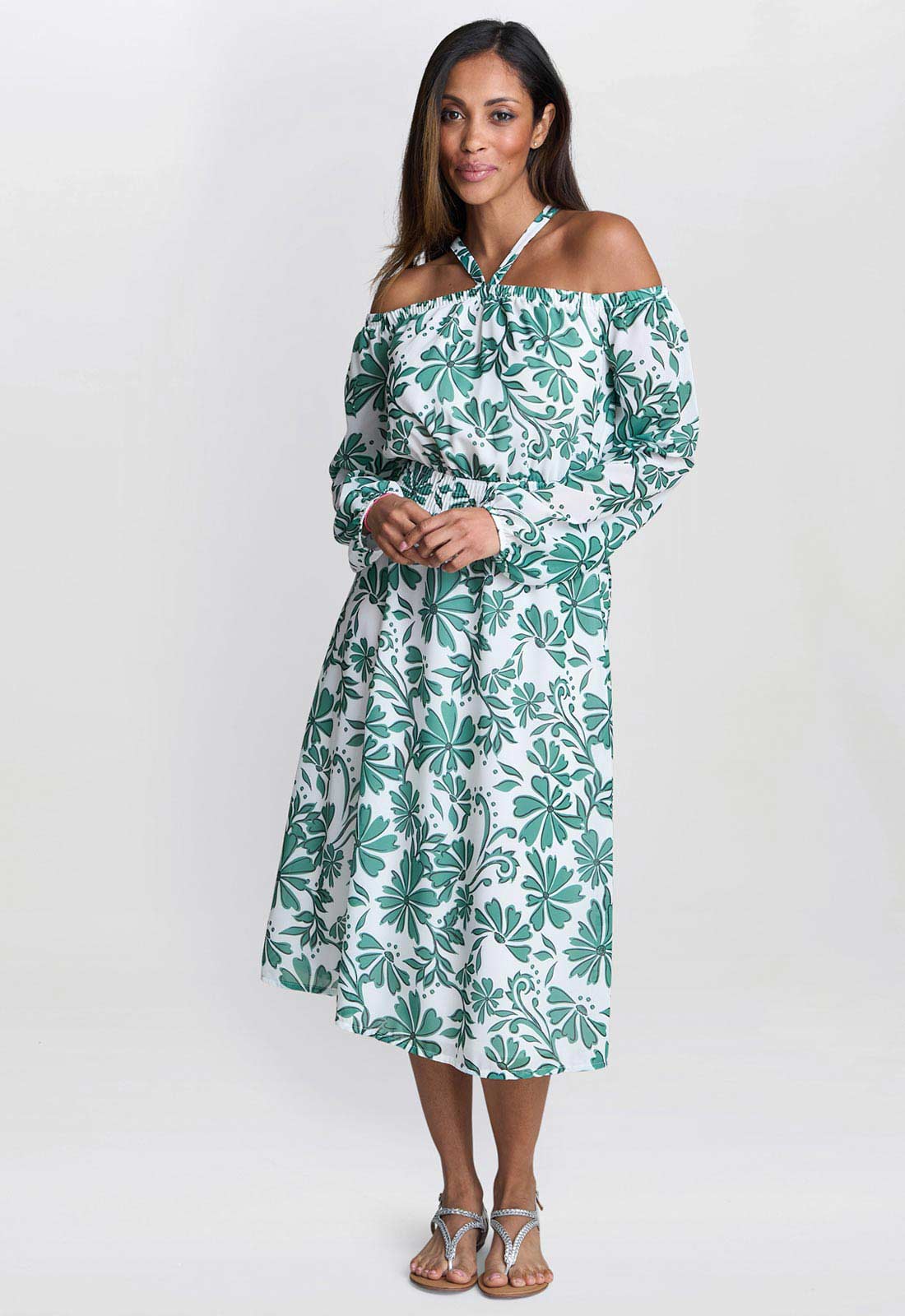 Gina Bacconi Green Ryan Off Shoulder Midi Dress