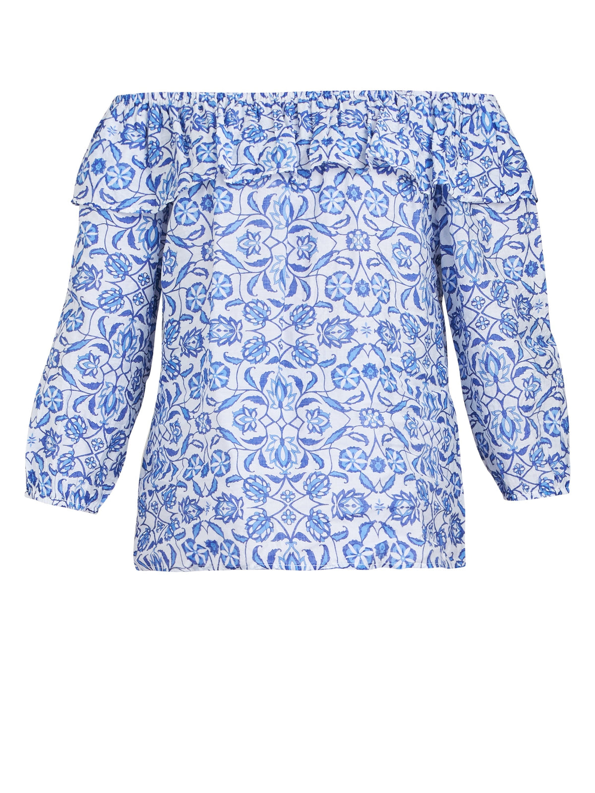 Gina Bacconi Blue Emme Blue Floral Off The Shoulder Top With Frill