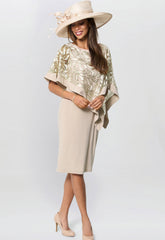 Gina Bacconi Champagne Darlene Embroidered Cape Dress