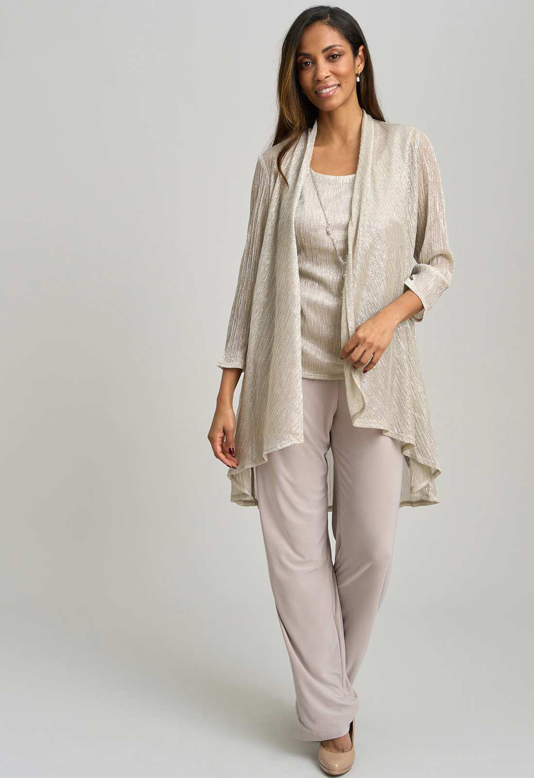 Gina Bacconi CHAMPAGNE Natasha Three Piece Metallic Crinkle Trouser Suit