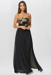 Gina Bacconi Black / Gold Fannie Black And Gold Chiffon Jumpsuit