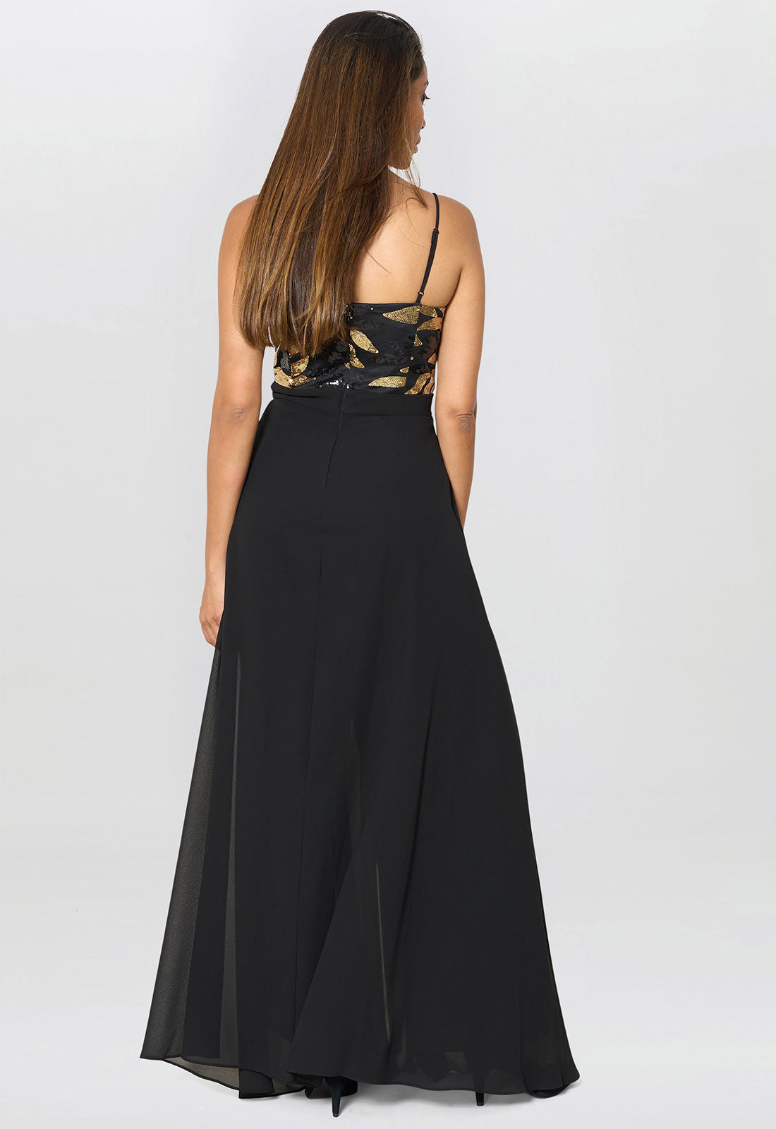 Gina Bacconi Black / Gold Fannie Black And Gold Chiffon Jumpsuit