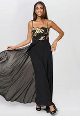 Gina Bacconi Black / Gold Fannie Black And Gold Chiffon Jumpsuit