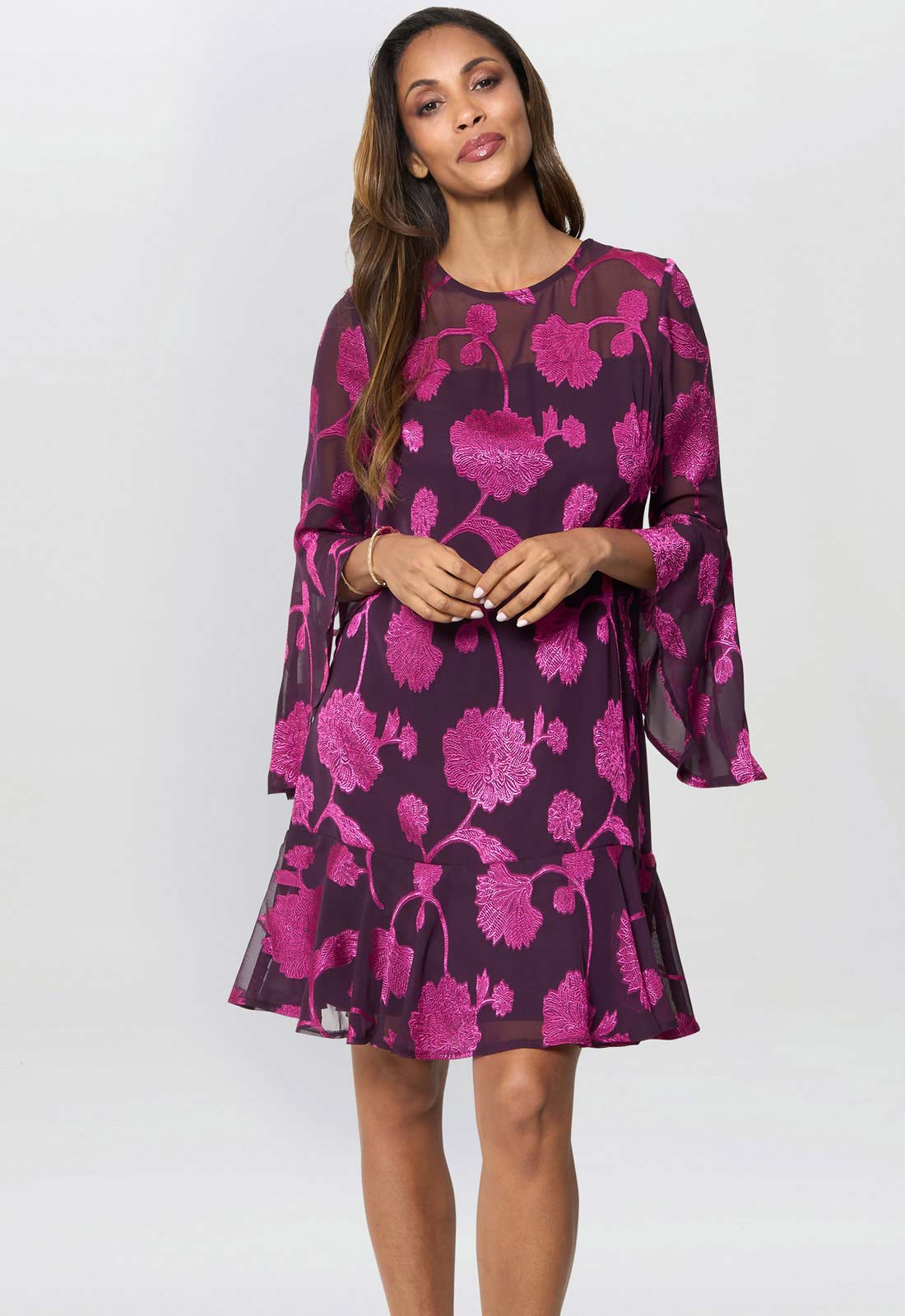 Gina Bacconi Fuchsia Isabella Embroidered Fit And Flare Dress