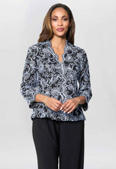 Gina Bacconi Black / Blue Lanette Embroidered Blouse With Scallops