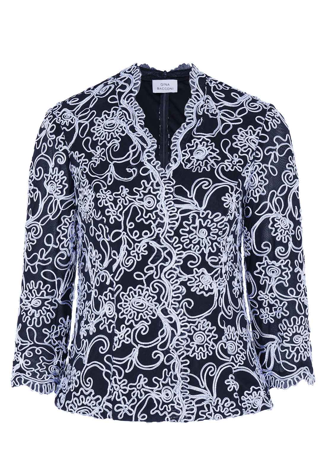 Gina Bacconi Black / Blue Lanette Embroidered Blouse With Scallops