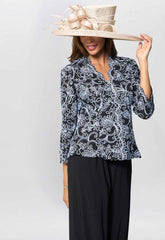 Gina Bacconi Black / Blue Lanette Embroidered Blouse With Scallops